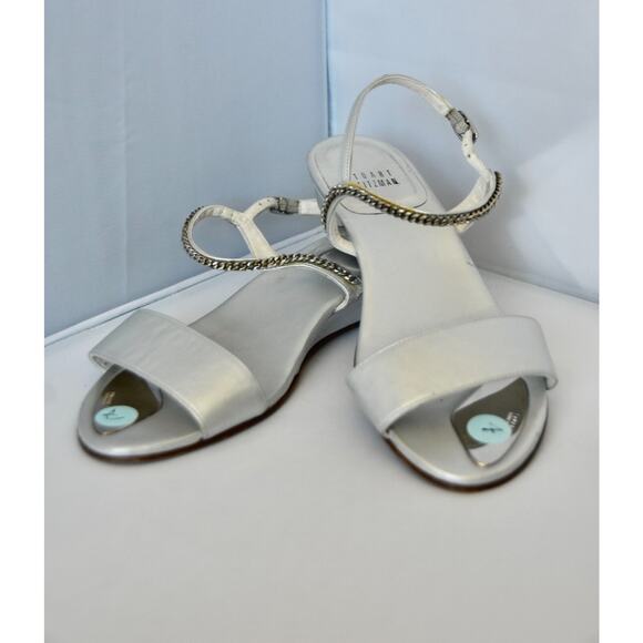 Stuart Weitzman Silver Metallic & Chain Designer Low Heel Wedge Sandal Size 6.5 - Picture 7 of 8